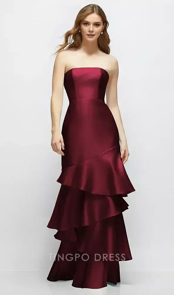 Elegant Strapless Tiered Ruffled Satin Mermaid Floor-Length Maxi Dress Prom Dress